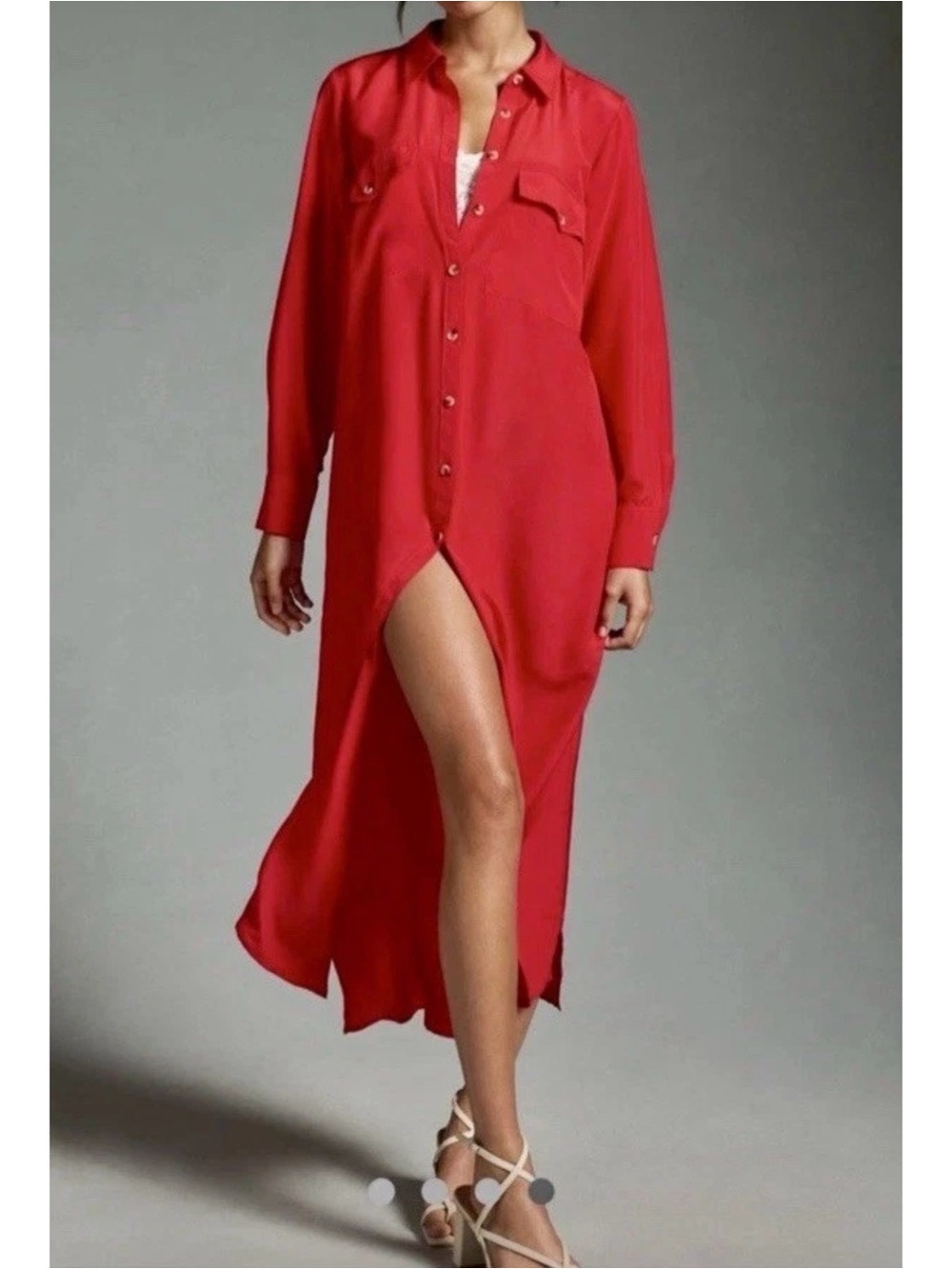 Anthropologie Long Sleeve Red Button-Front Maxi Shirt Dress Size Large NWT